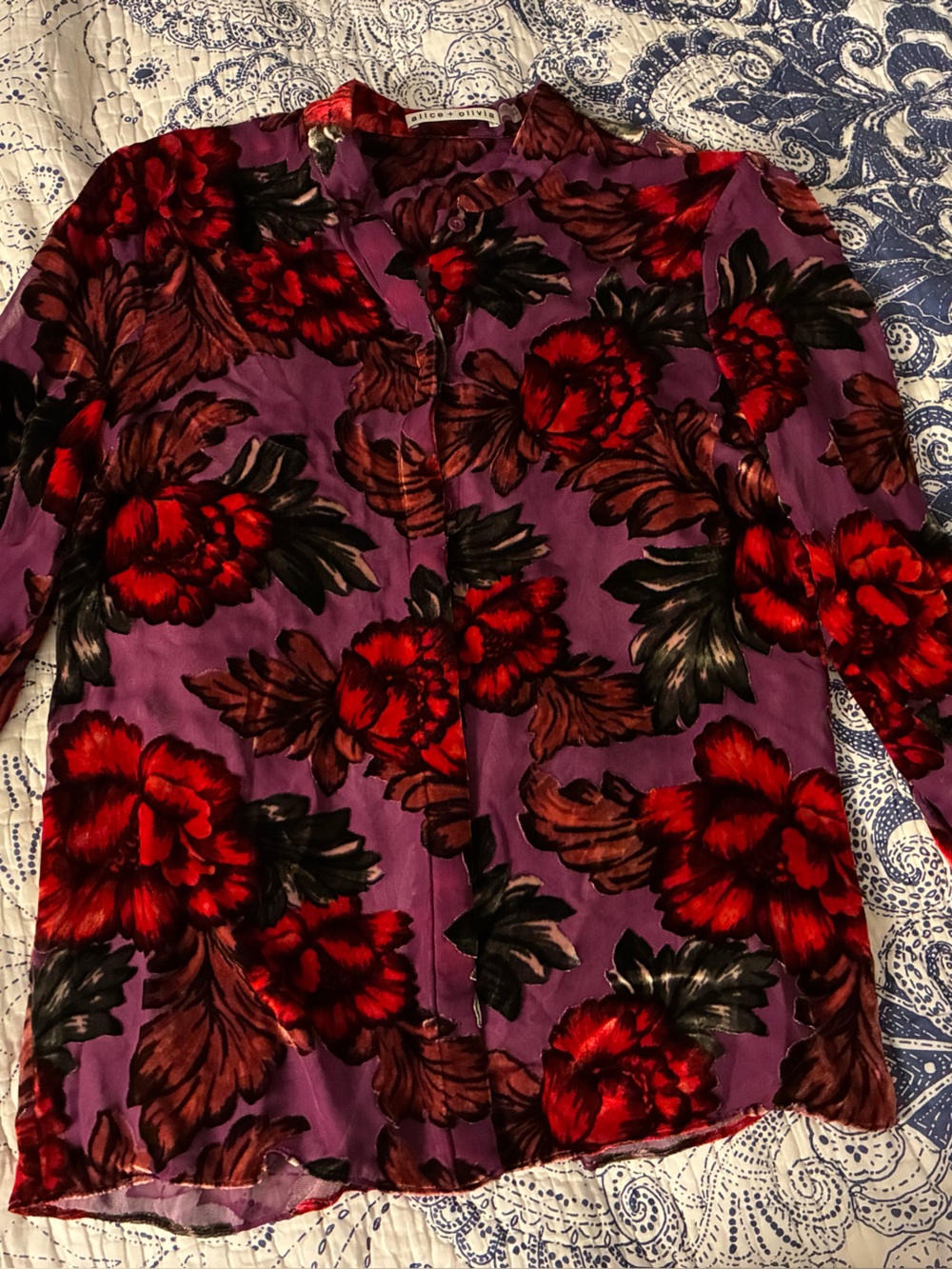 Alice + Olivia Purple Blouse with Red Floral Print - size small